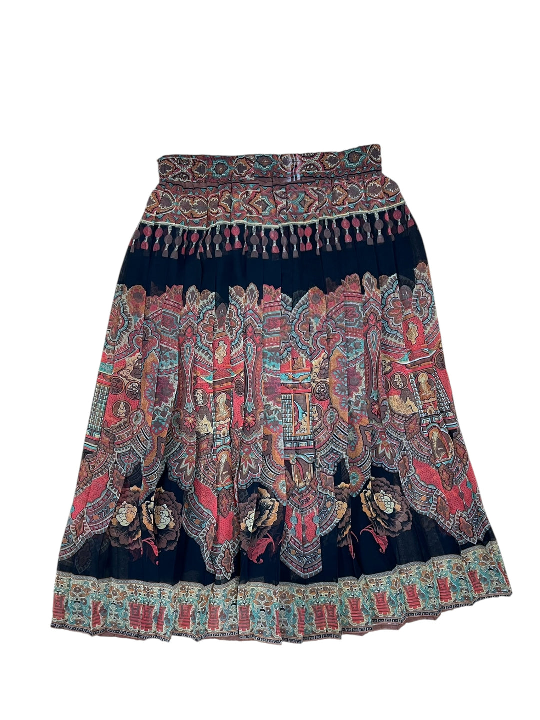 Vintage Ethnic Print Pleated Midi Skirt Medium