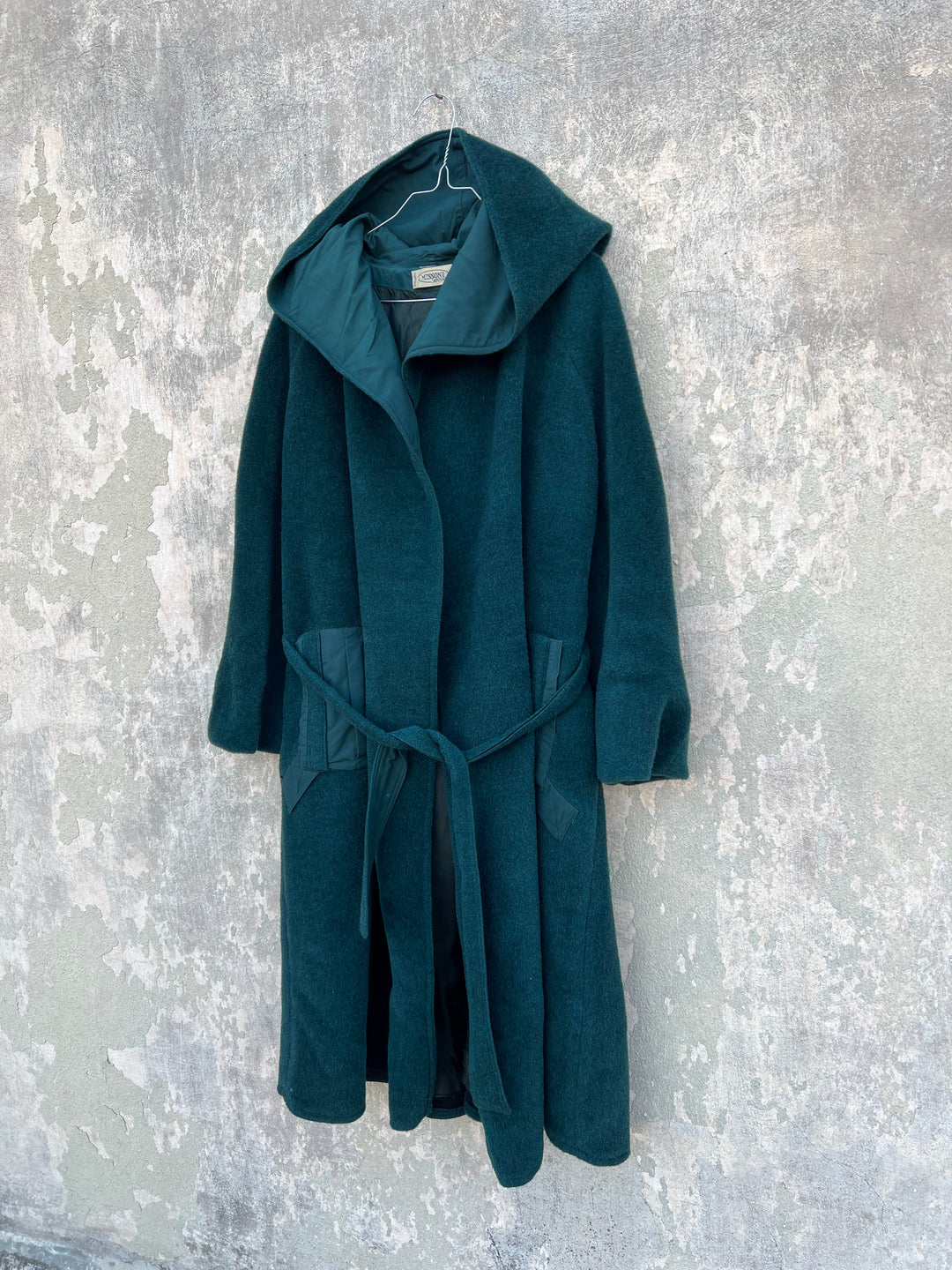 Missoni Donna 80's Vintage Longline Dark Green Hooded Wool Coat Women’s Large