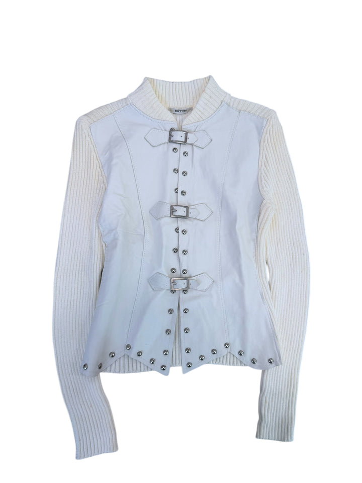 Extyn Y2K leather & knit buckle jacket white small