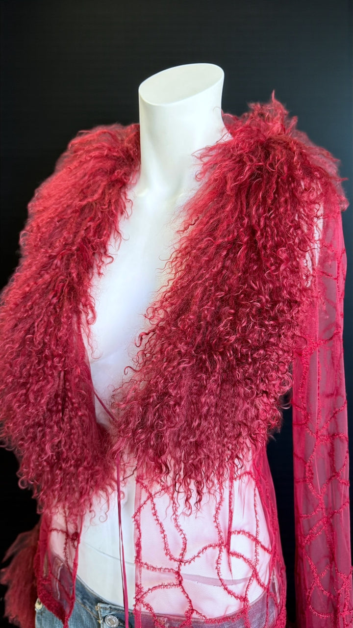 2000s sheer wool blend jacket with curly-fur collar & cuffs small