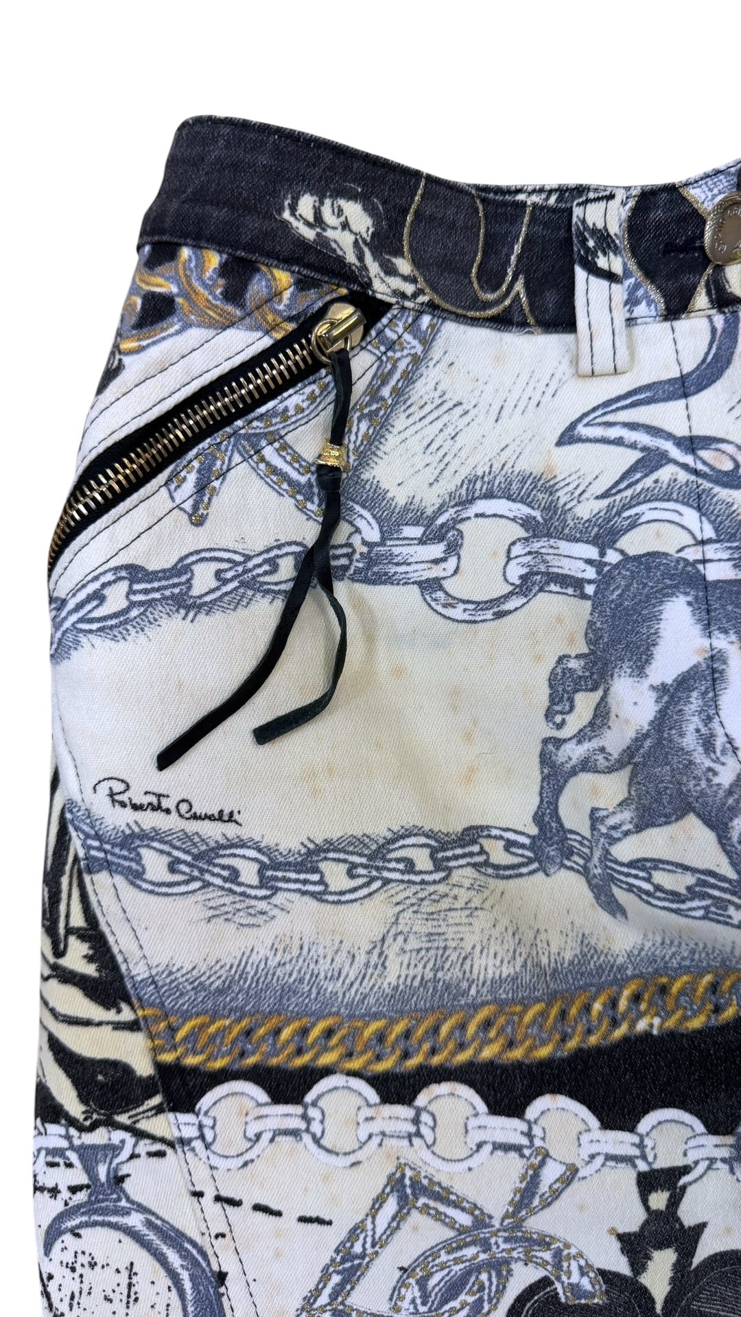 Roberto Cavalli 2003 chain & horse print straight leg jeans - archive graphic denim