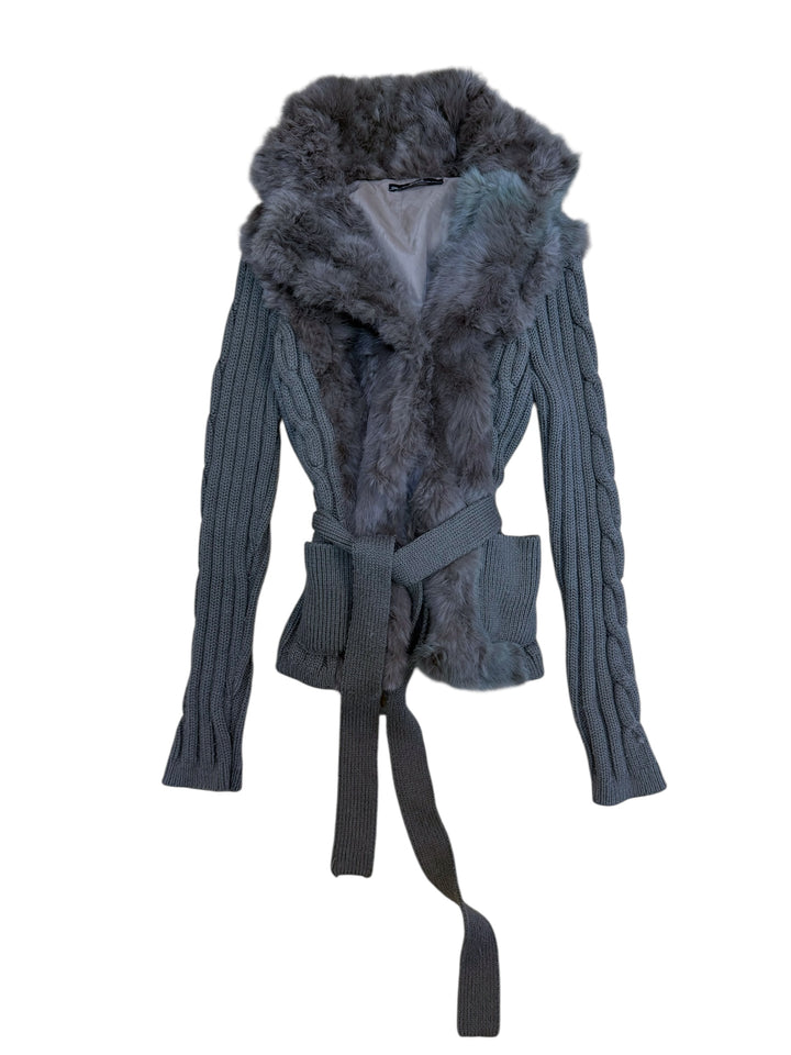 Gaudi grey knit cardigan with real fur trim