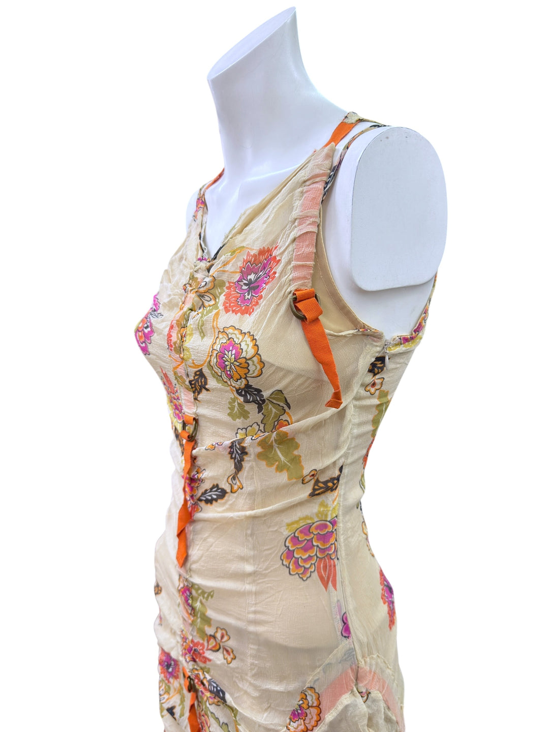 Vintage floral silk ruched midi dress