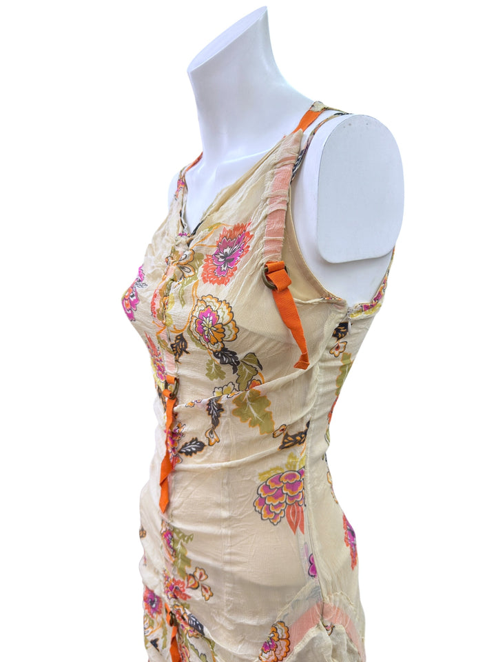 Vintage floral silk ruched midi dress