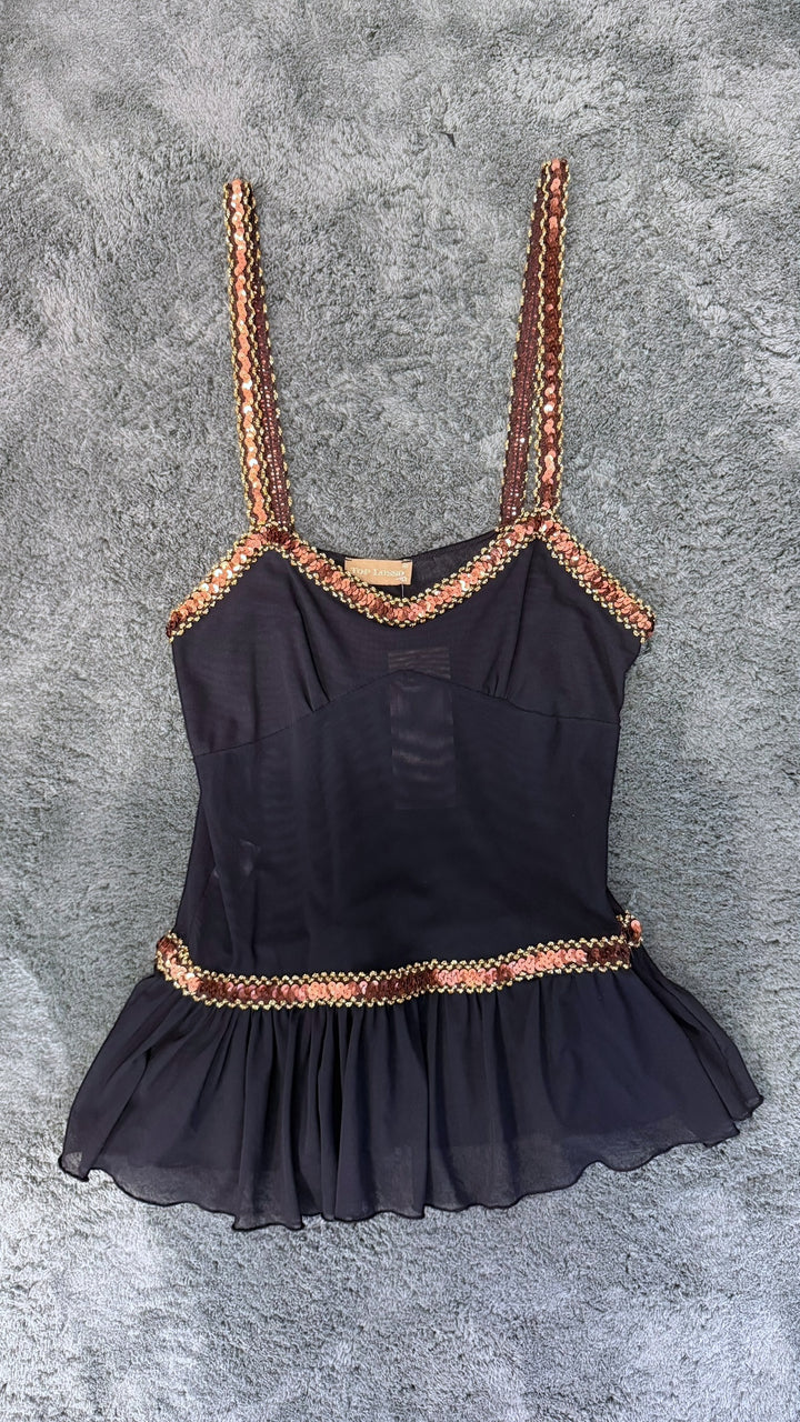 Vintage black sheer sequin strap top