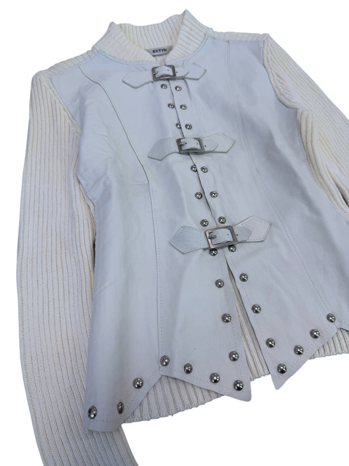 Extyn Y2K leather & knit buckle jacket white small
