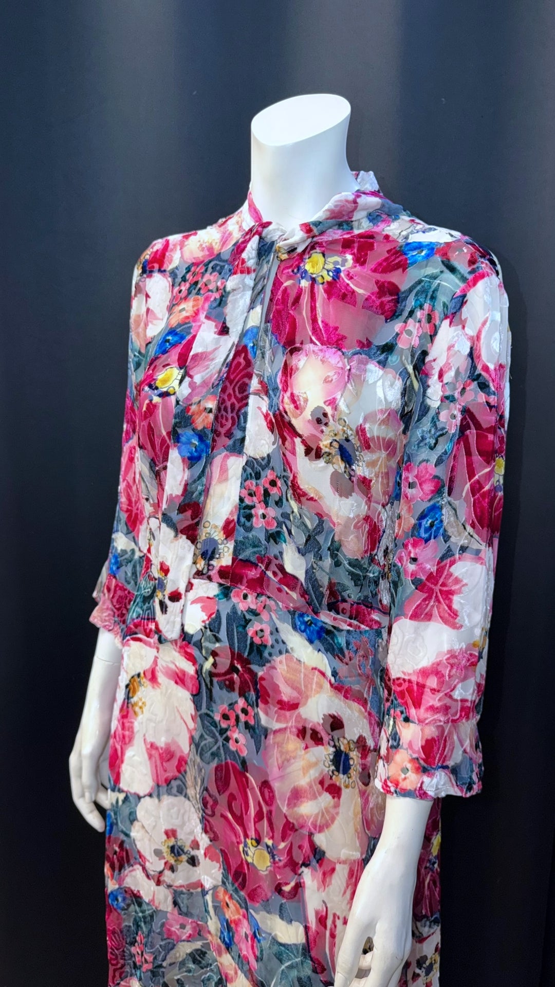 MAX&Co floral velvet-sheer dress w/ tie neck, semi-sheer sleeves