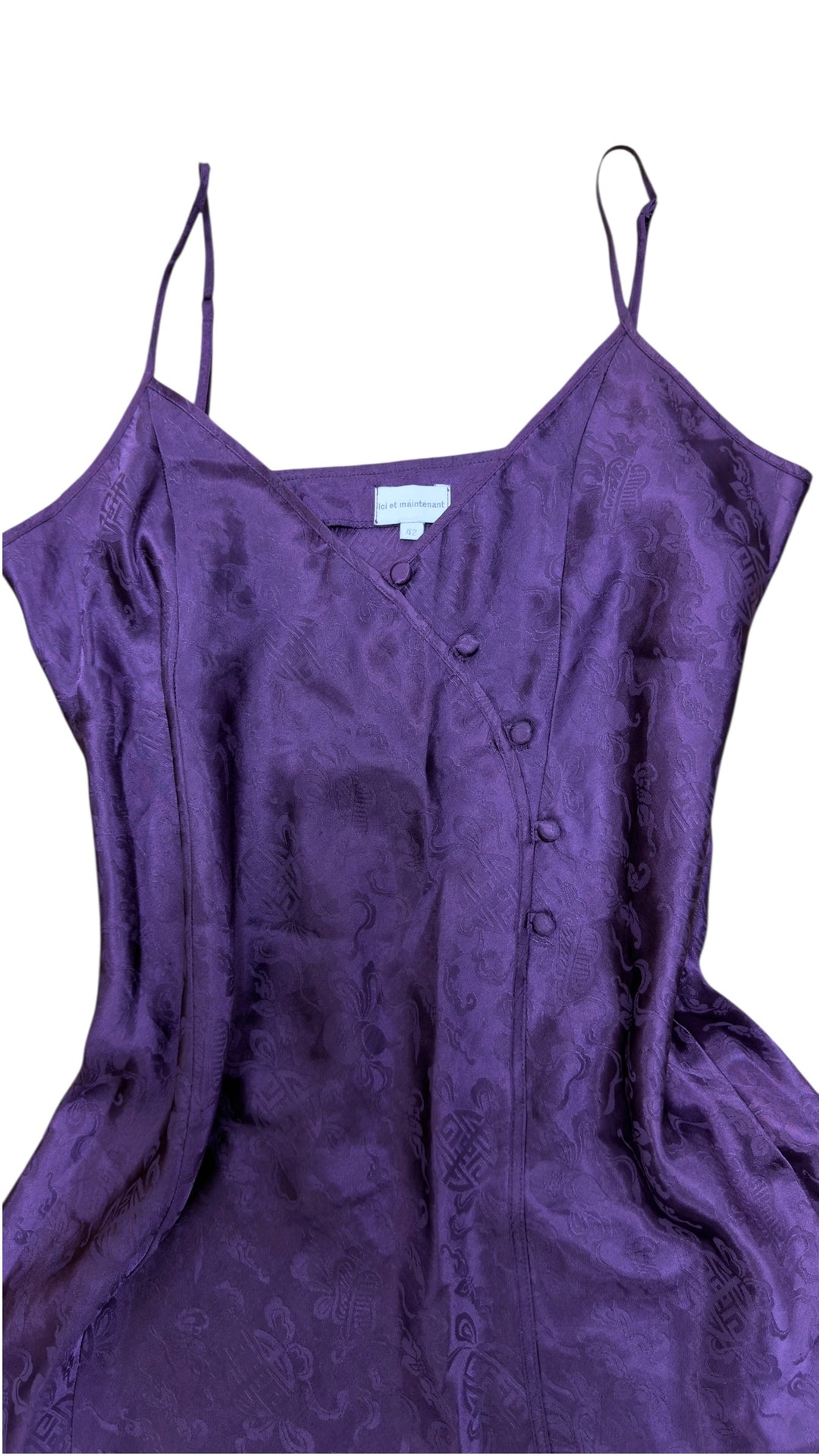 Vintage purple satin mini dress with jacquard pattern