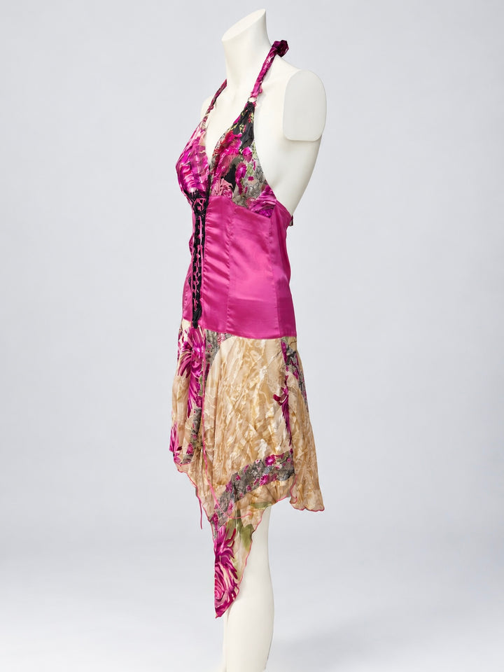 2000s halter asymmetric floral dress