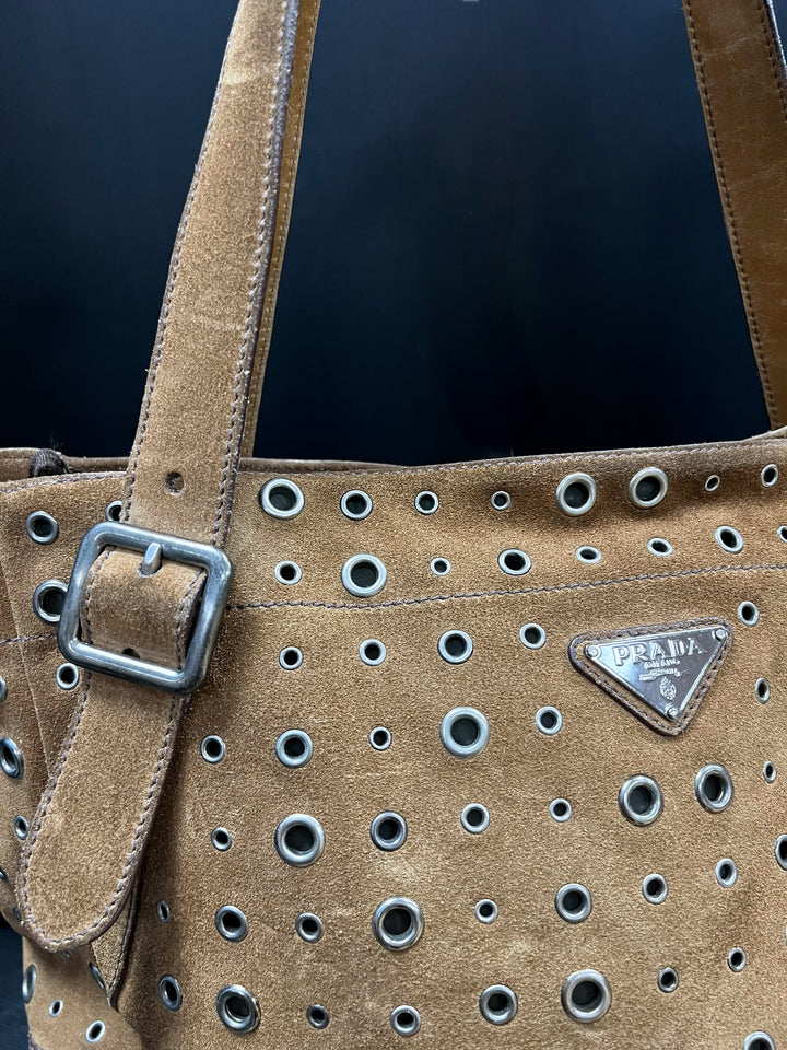 Prada Vintage Brown Suede Eyelet Tote Bag – Made in Italy