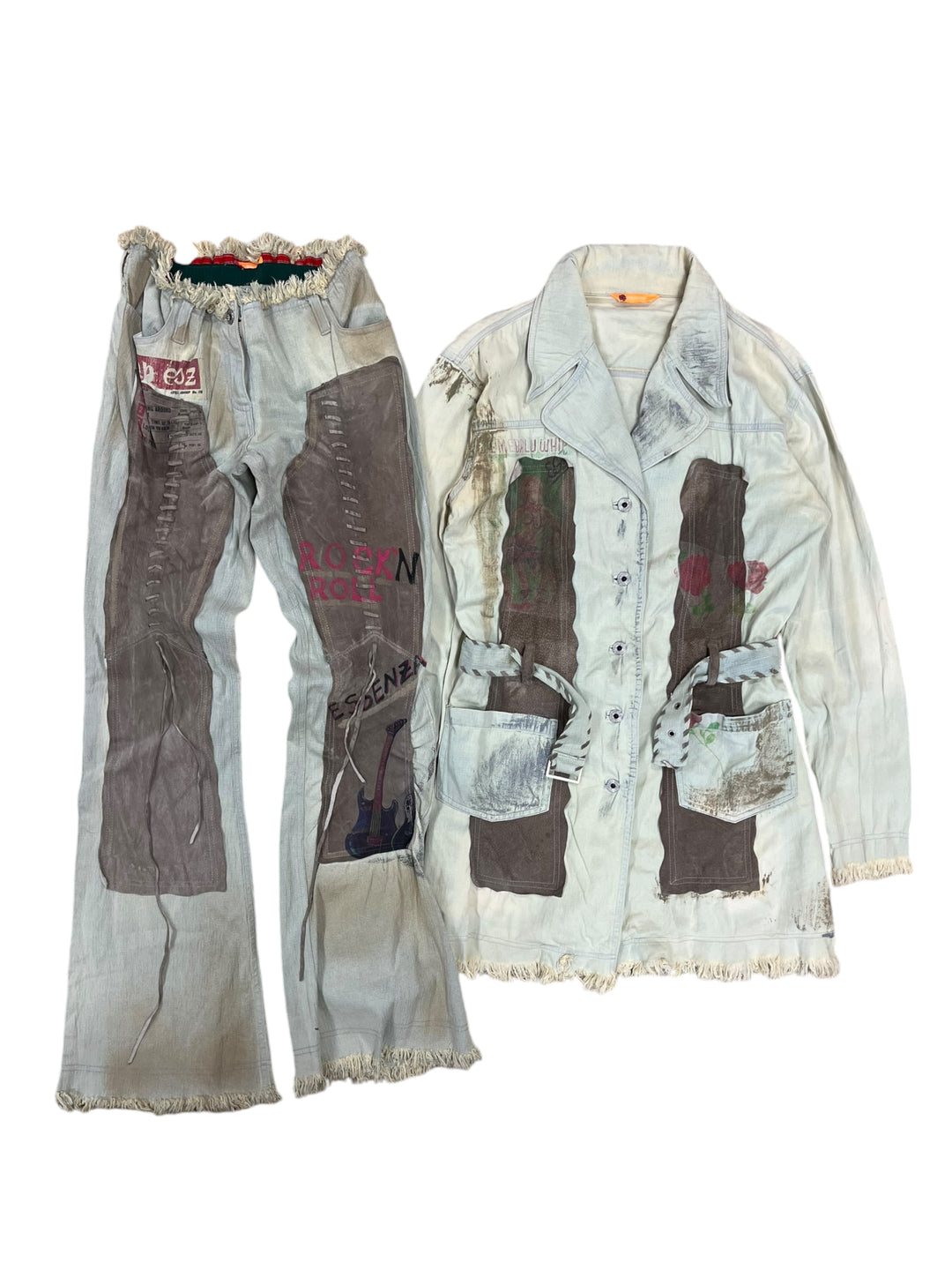 Essenza Rare 90’s DISTRESSED TEXTURES denim coat & trousers set women’s medium