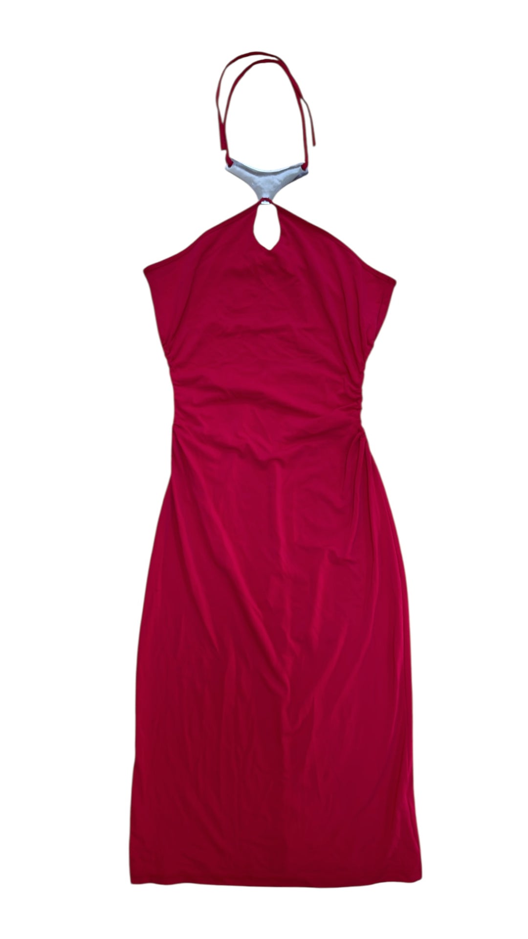 EXTYN red halter midi dress with metal detail