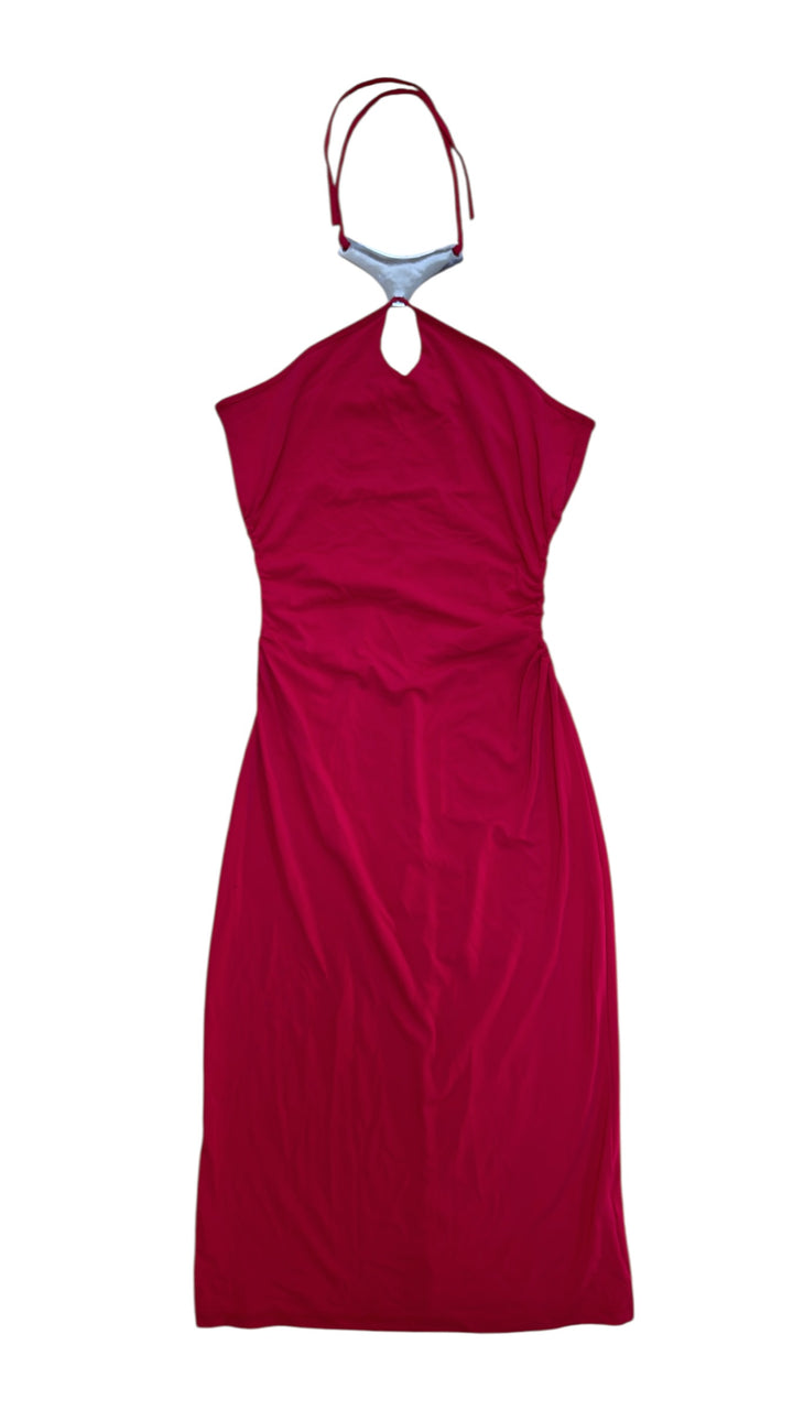 EXTYN red halter midi dress with metal detail