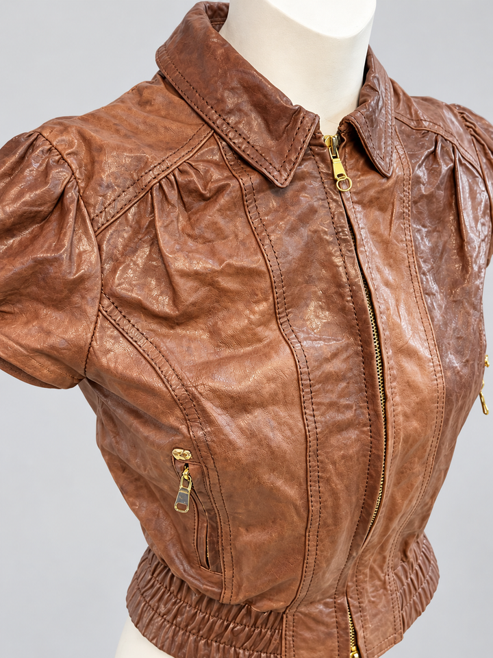Cristinaeffe brown leather puff-sleeve jacket