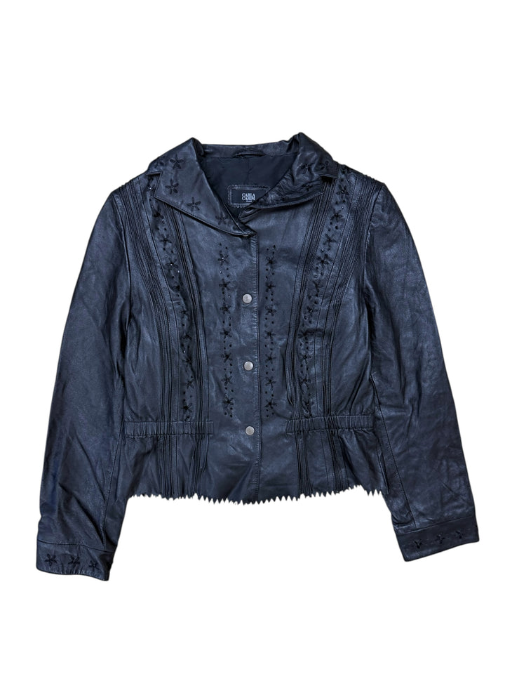 1990s Carla Carini Italy Black Embroidered Leather Jacket Medium