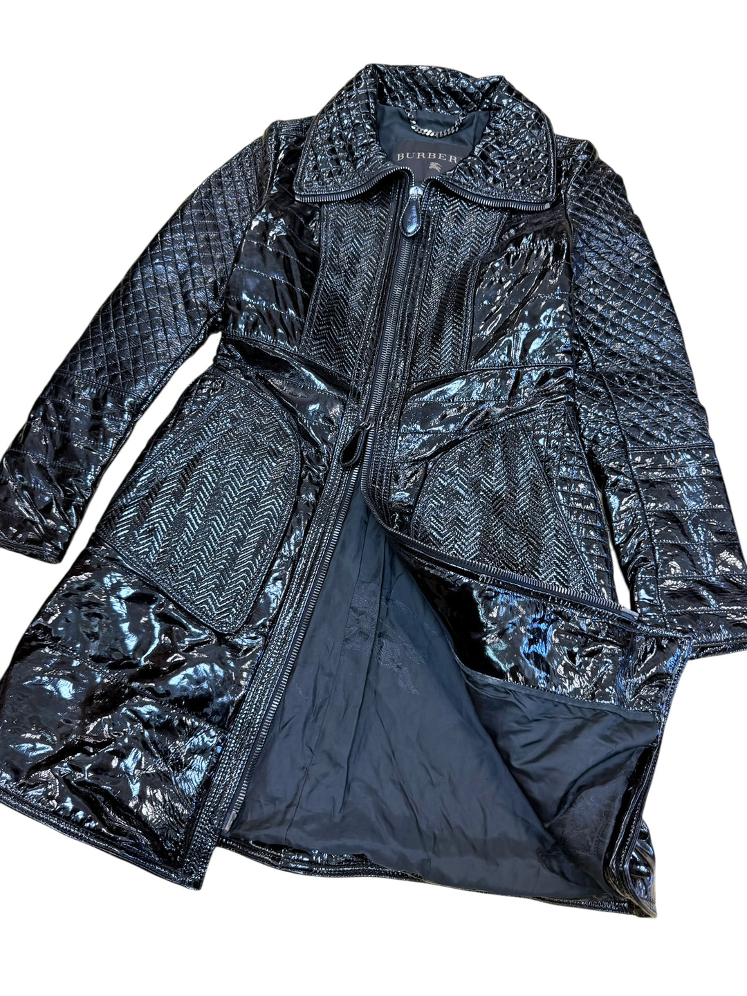 Burberry prorsum black patent leather quilted coat