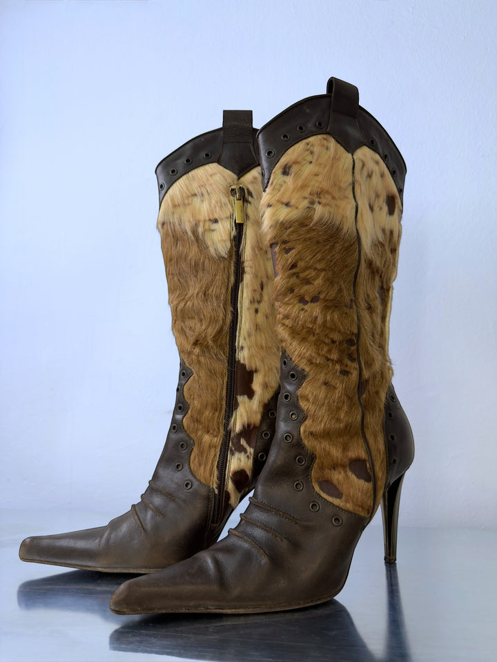 Coccinelle vintage pony hair leather knee high boots brown italian stiletto heels
