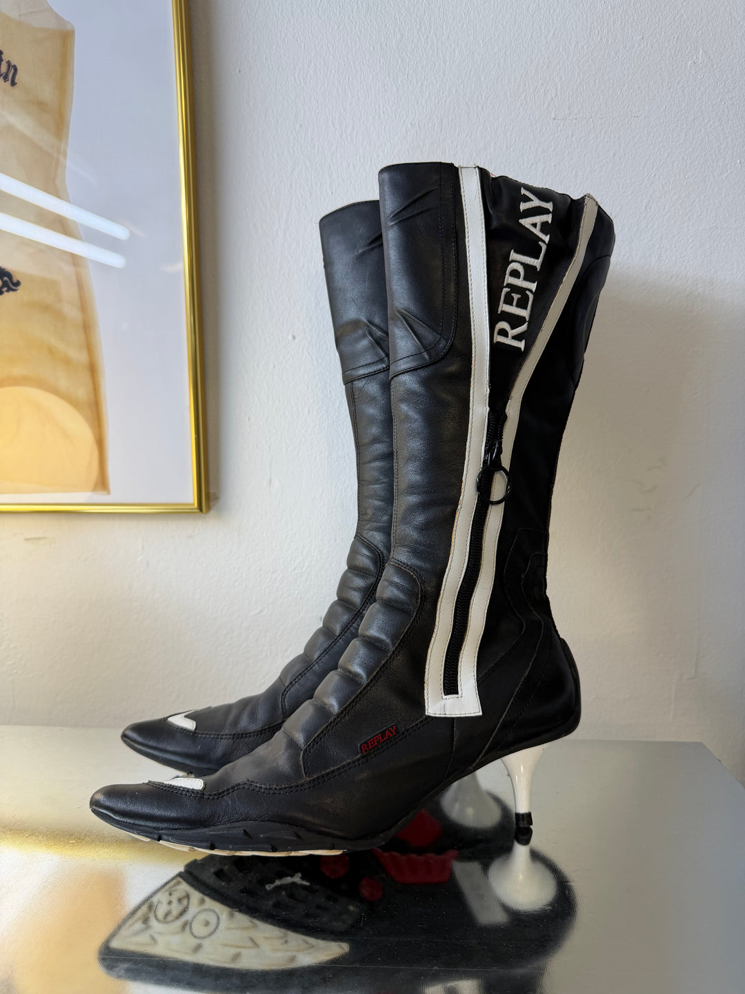 REPLAY Moto Heeled Boots 2000s Black & White Leather EU37