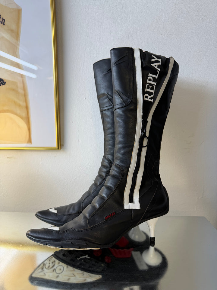 REPLAY Moto Heeled Boots 2000s Black & White Leather EU37