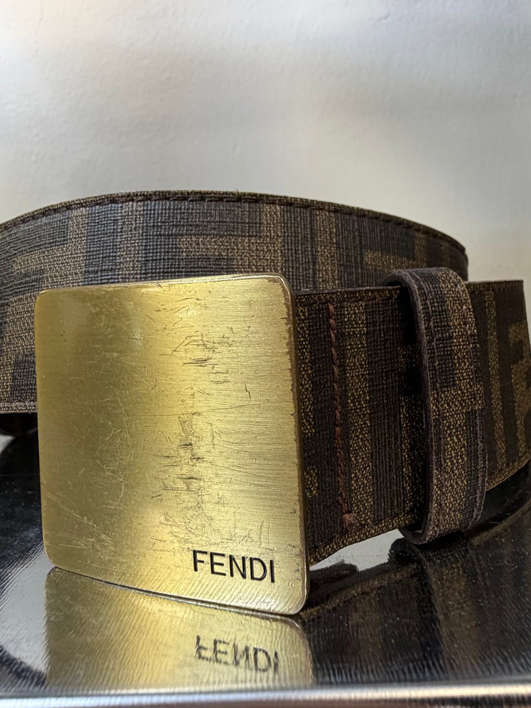 FENDI Late 1990s Zucca Canvas Belt with Brass Plate Buckle