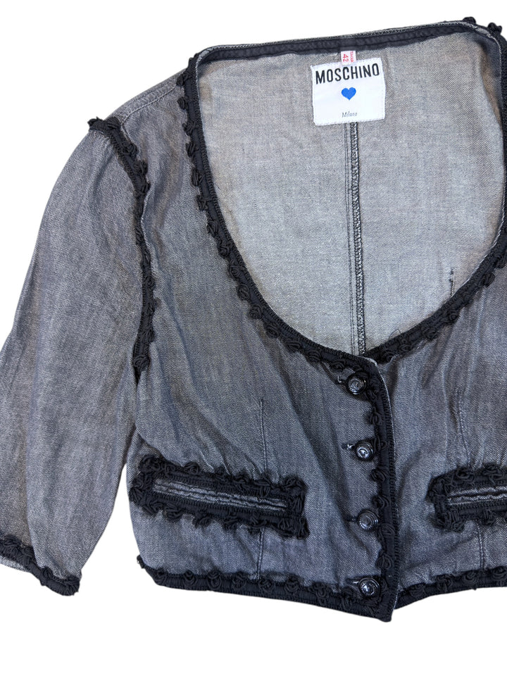 Moschino 1990s vintage cropped blouse sheer cotton black trim