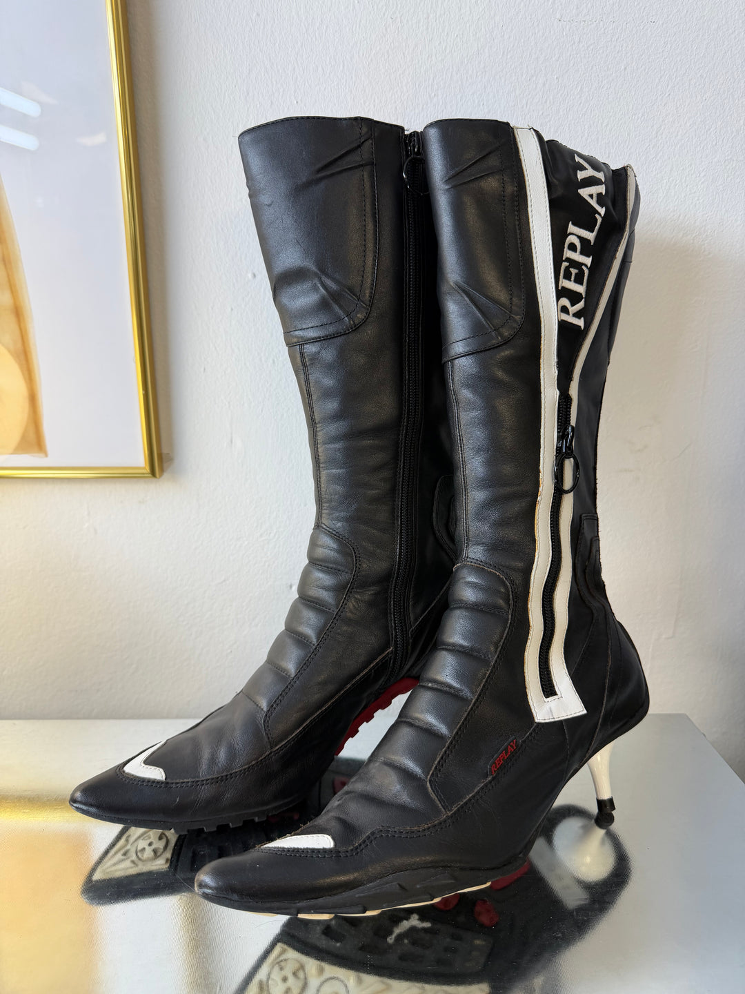 REPLAY Moto Heeled Boots 2000s Black & White Leather EU37