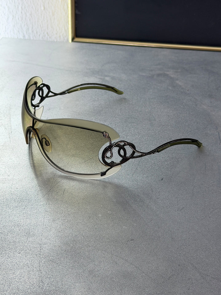 Roberto Cavalli vintage cicno rc223s shield sunglasses grey gradient serpent crystal y2k