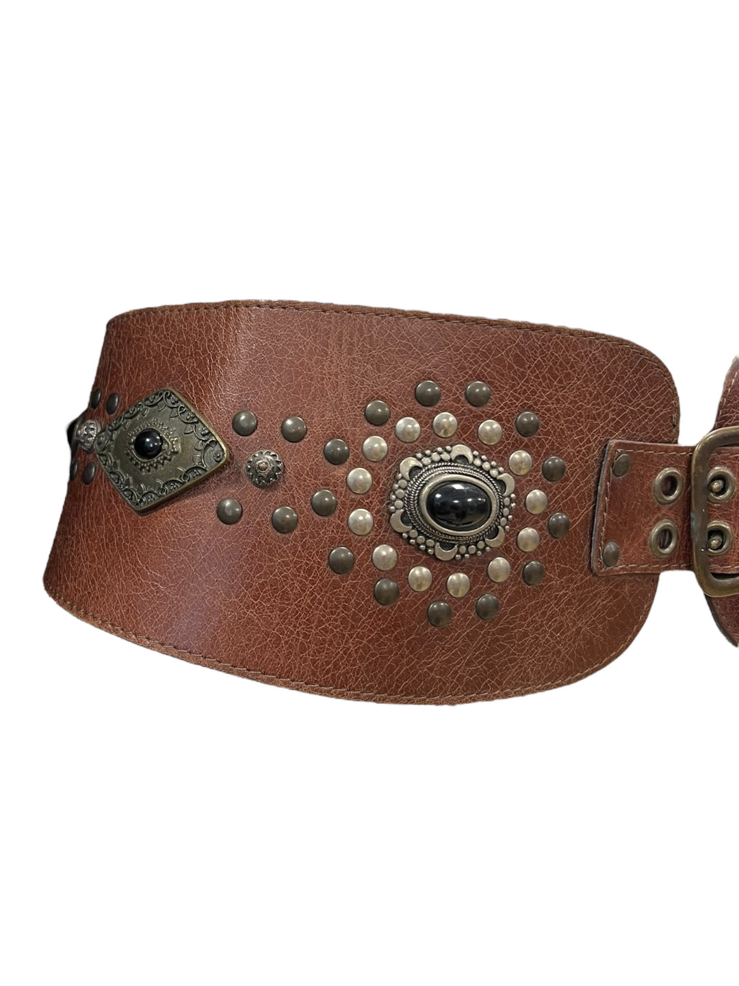 Vintage Brown Leather Belt with Studs & Gemstone Details