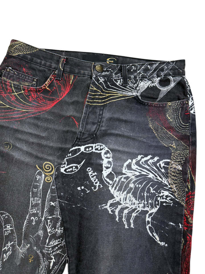 Roberto Cavalli 2000s Astrology Print Denim Skirt