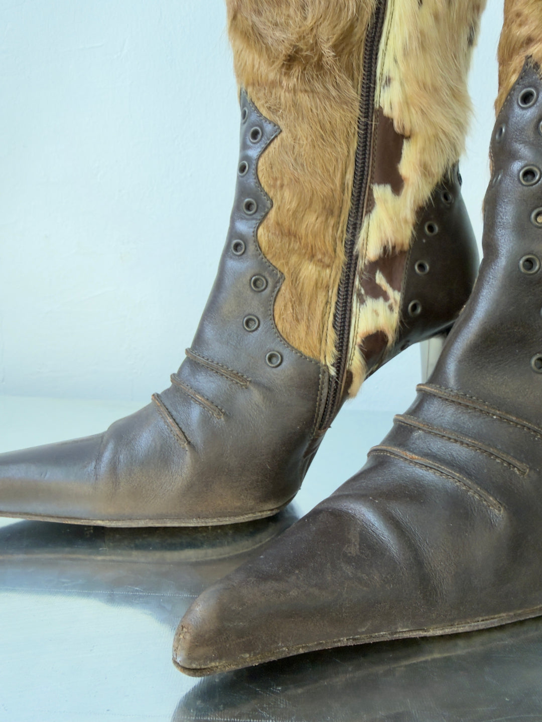 Coccinelle vintage pony hair leather knee high boots brown italian stiletto heels