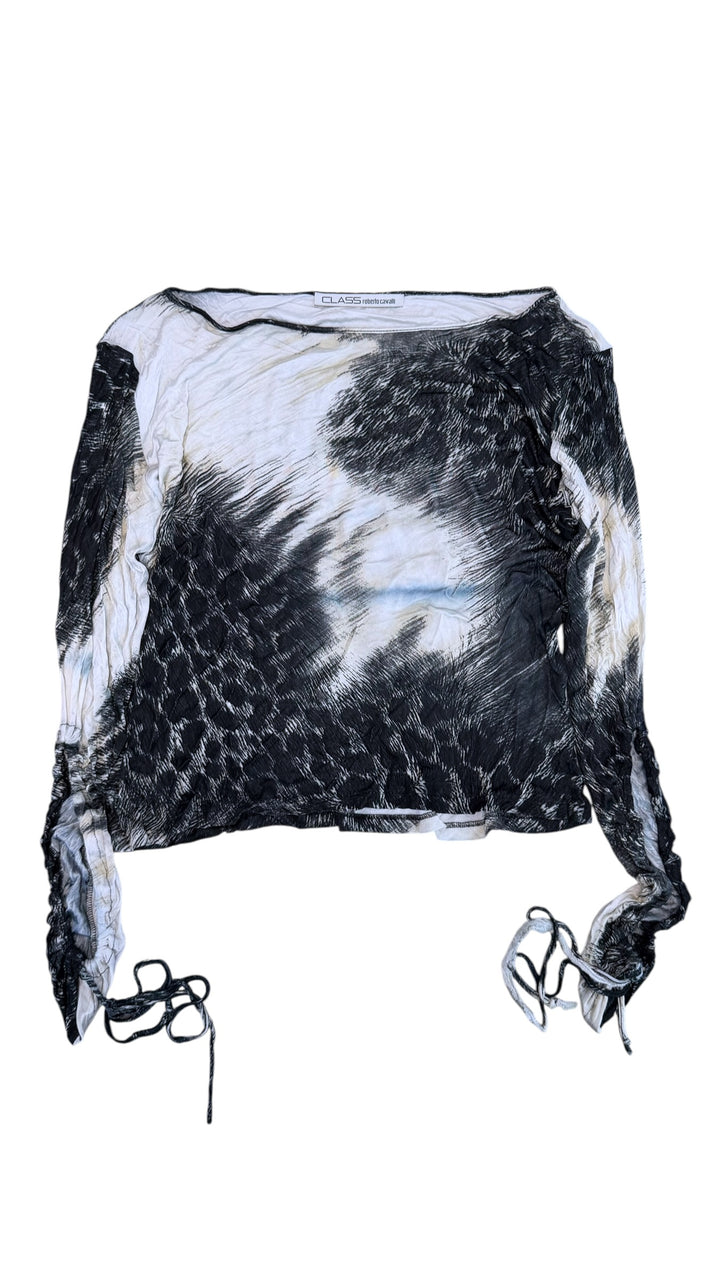 Roberto Cavalli CLASS animal print top w/ ruched sleeves medium