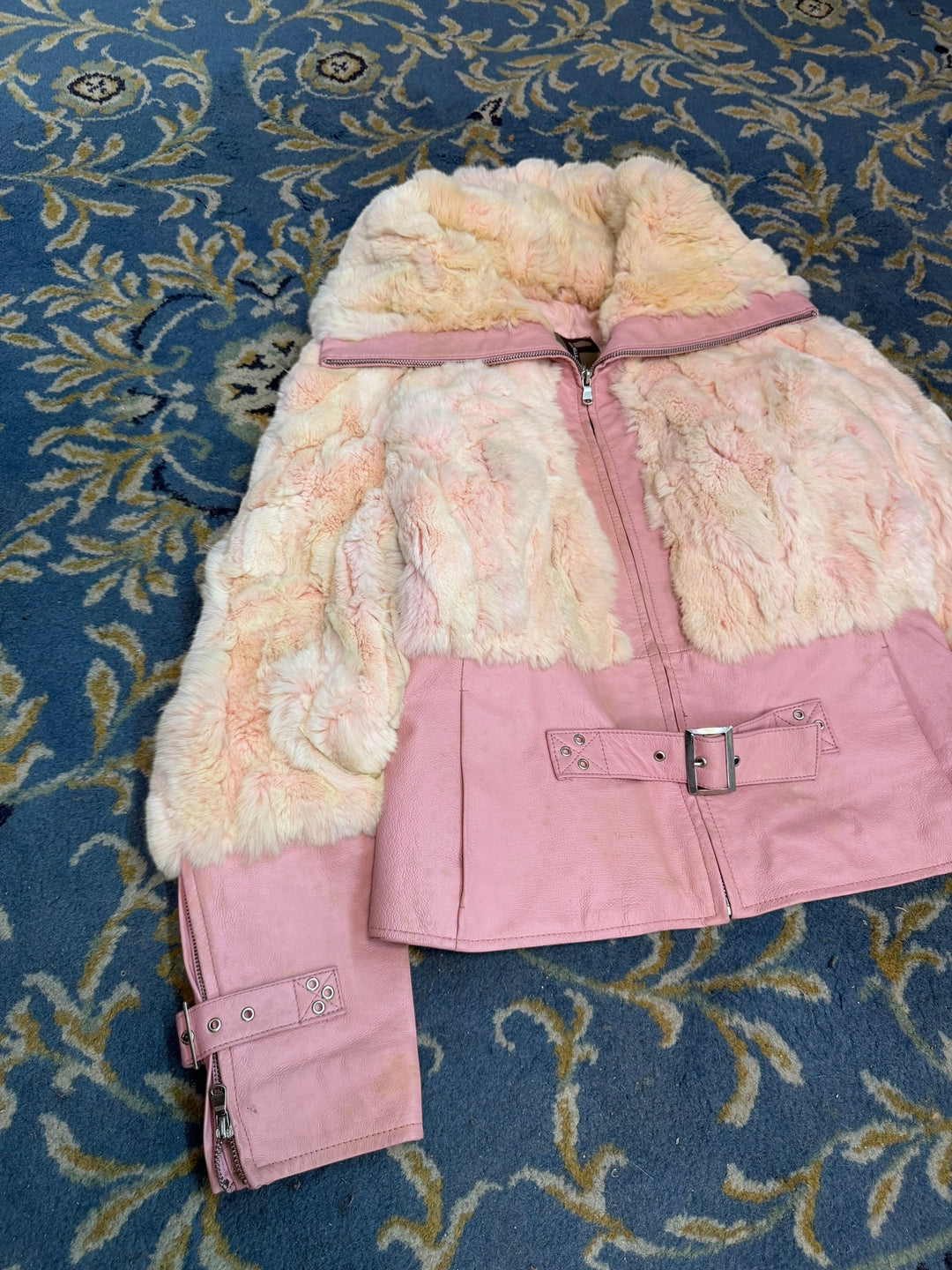 Conbipel 2000s pink leather faux fur jacket medium