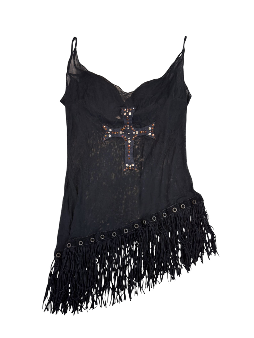 Cinema embellished cross fringe mesh top