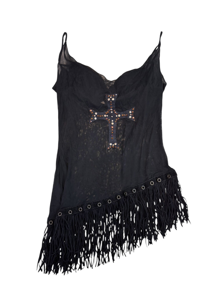 Cinema embellished cross fringe mesh top