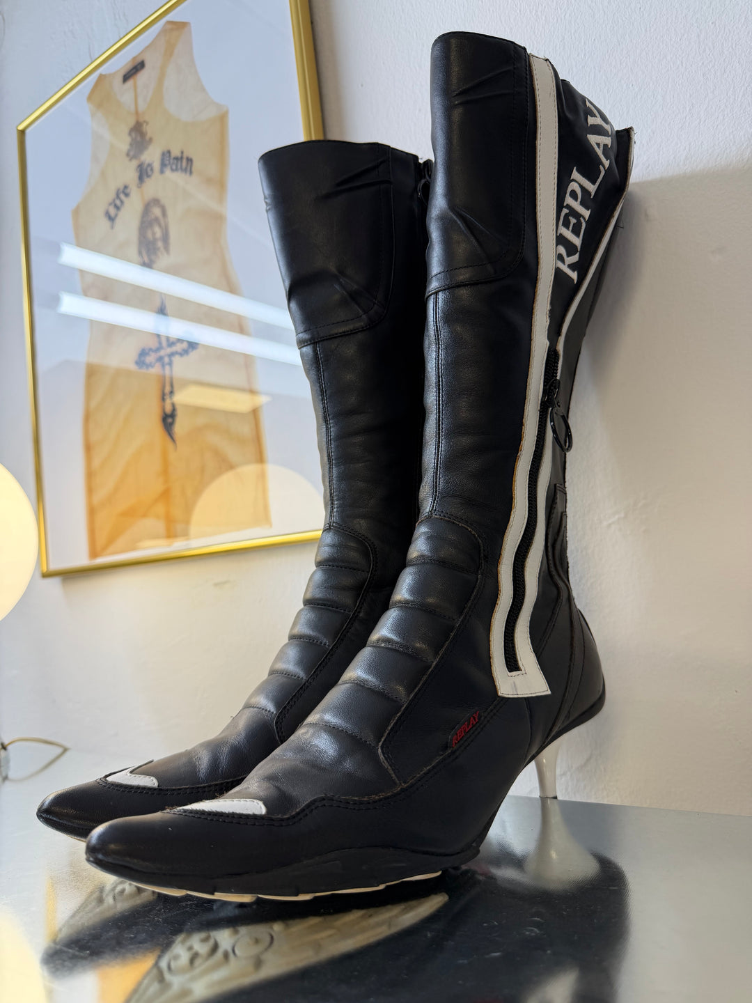 REPLAY Moto Heeled Boots 2000s Black & White Leather EU37