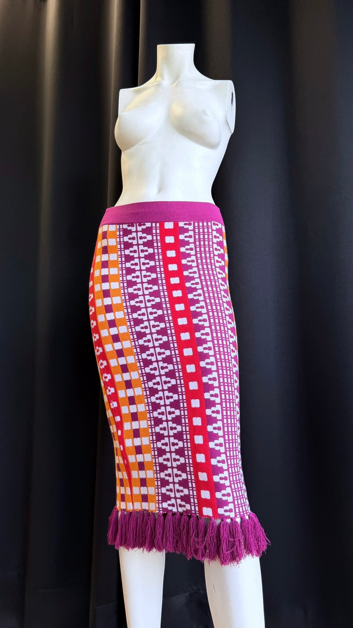 Pinko geometric knit midi skirt multicolor fringe hem small