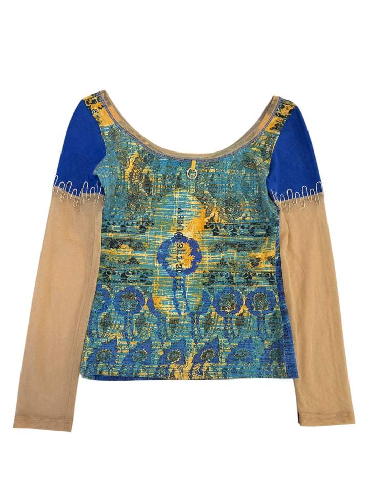 Save the Queen printed mesh long sleeve top