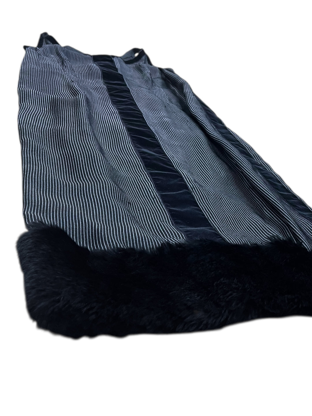 Vintage Pinstripe Slip Dress with Faux Fur Hem S/M