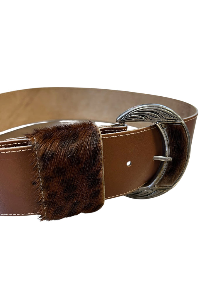 Brown Leather Belt with Fur Detail & Silver Buckle