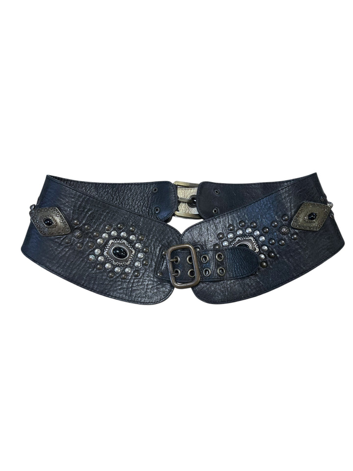 Vintage Black Leather Belt with Studs & Gemstone Details