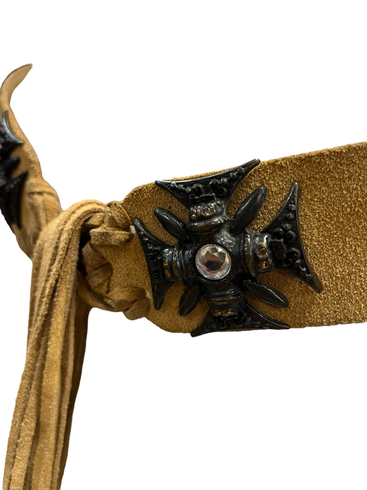 Nicowa Vintage Suede Leather Belt with Crystal Cross & Fringe – Made in Italy