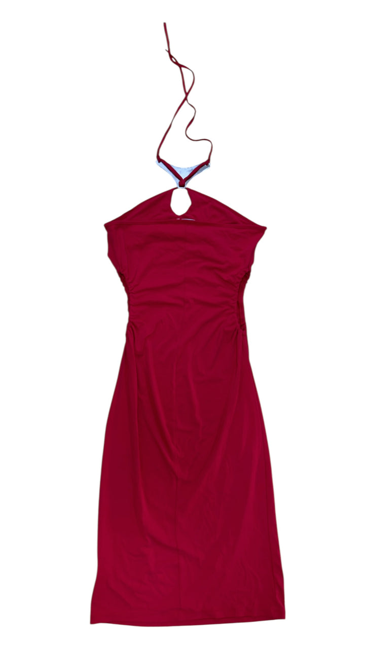 EXTYN red halter midi dress with metal detail