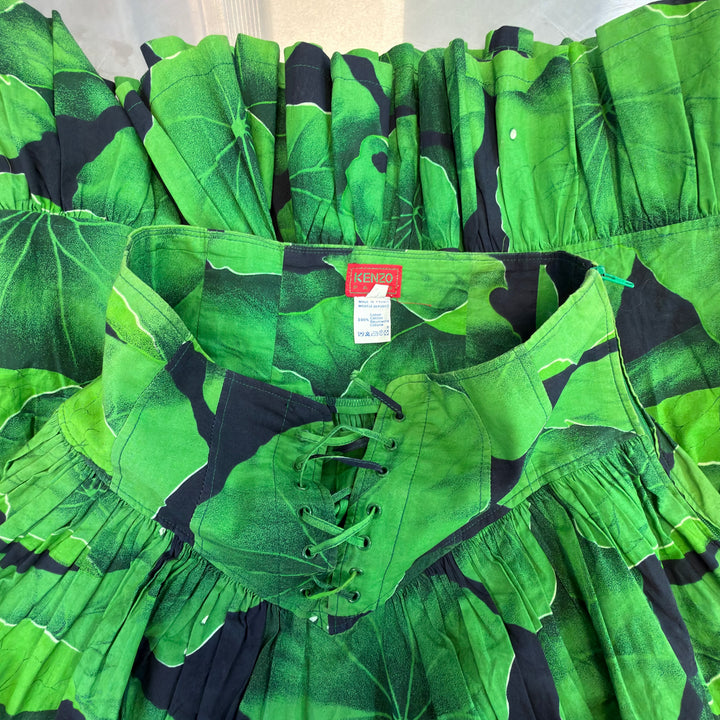 Kenzo Paris 1990s green leaf print corset maxi skirt