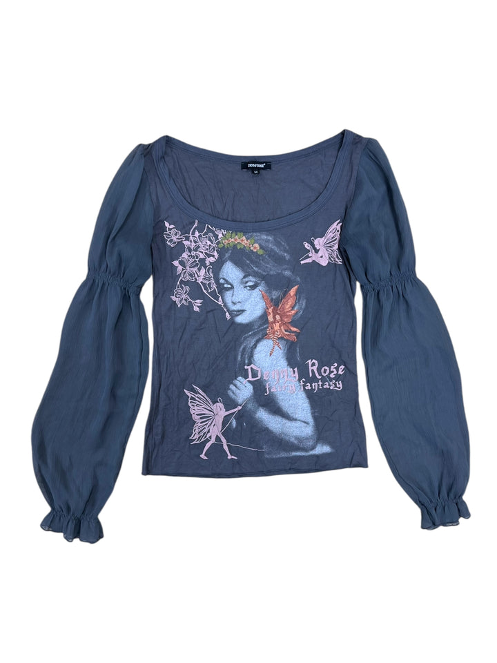 Denny Rose “Fairy Fantasy” Mesh Top with Puff Sleeves Medium
