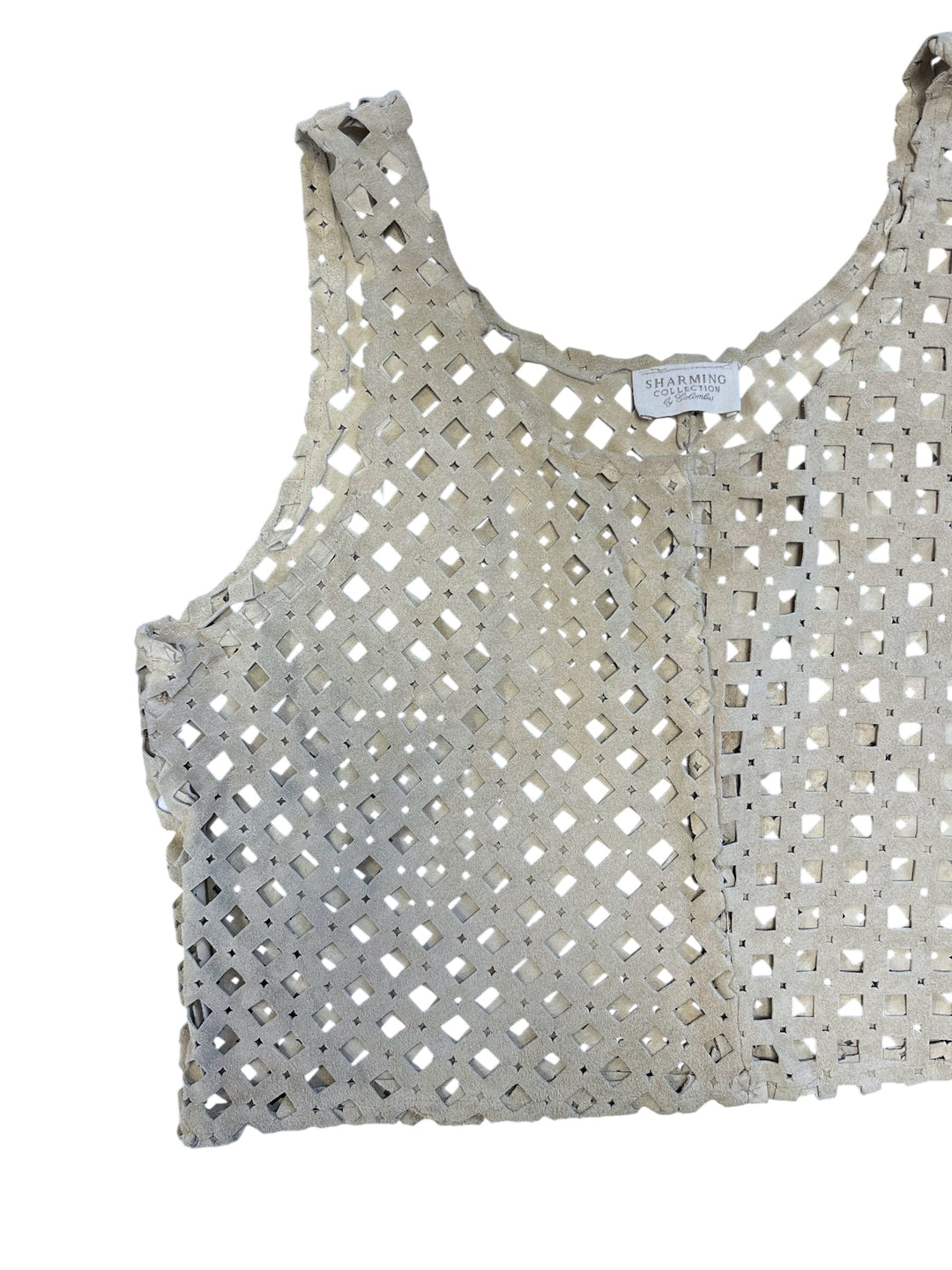 Vintage Sharming Suede Lattice Crop Top – Handmade Patchwork Design Large