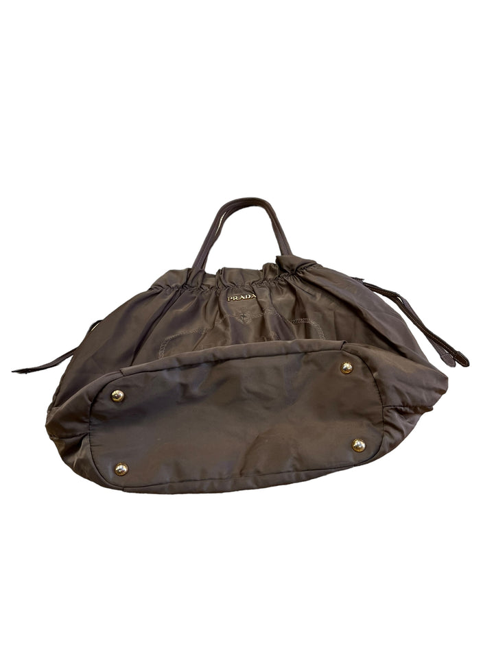 Prada Logo Drawstring Nylon Leather Tote Bag