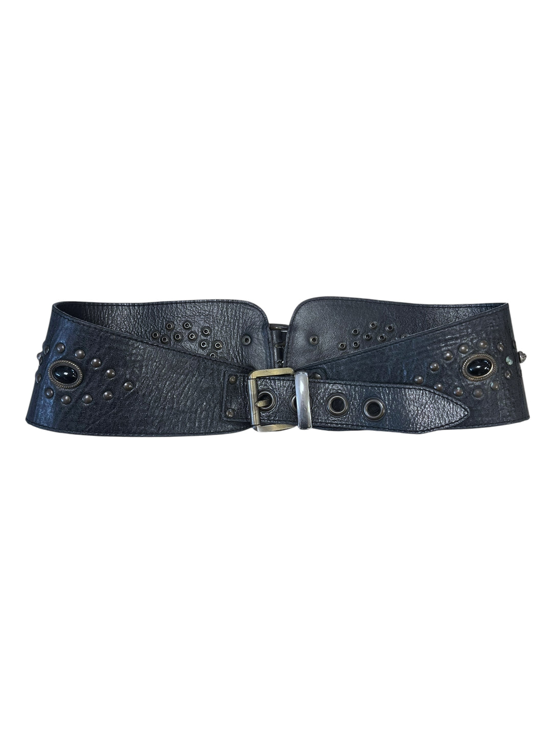 Vintage Black Leather Belt with Studs & Gemstone Details