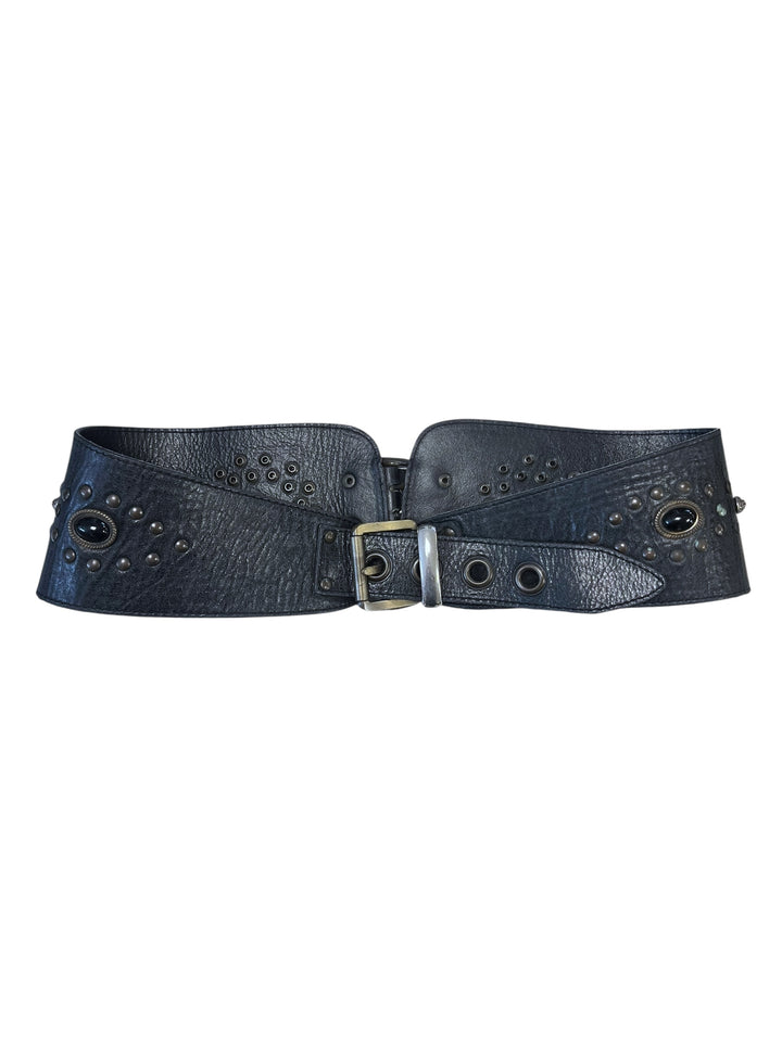 Vintage Black Leather Belt with Studs & Gemstone Details