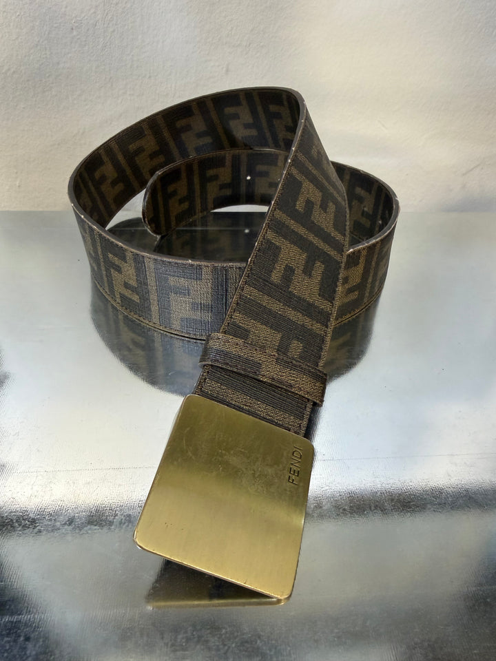 FENDI Late 1990s Zucca Canvas Belt with Brass Plate Buckle