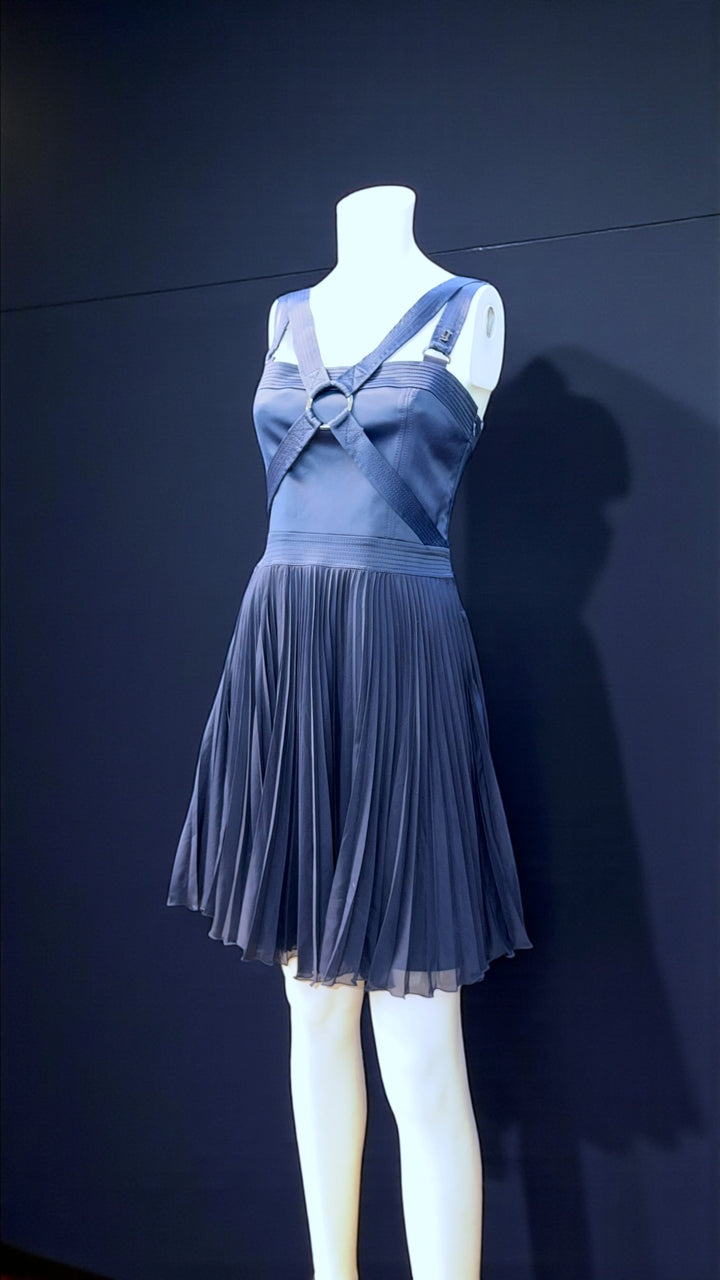 Galliano navy pleated mini dress with harness straps